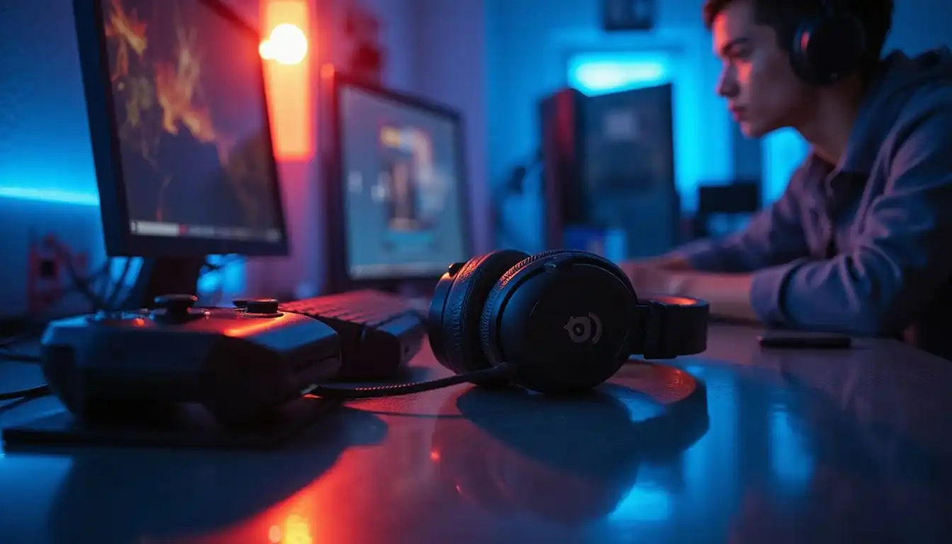 A gamer intensely prepares at a modern, vibrant gaming desk. A gamer intensely prepares at a modern, vibrant gaming desk.
