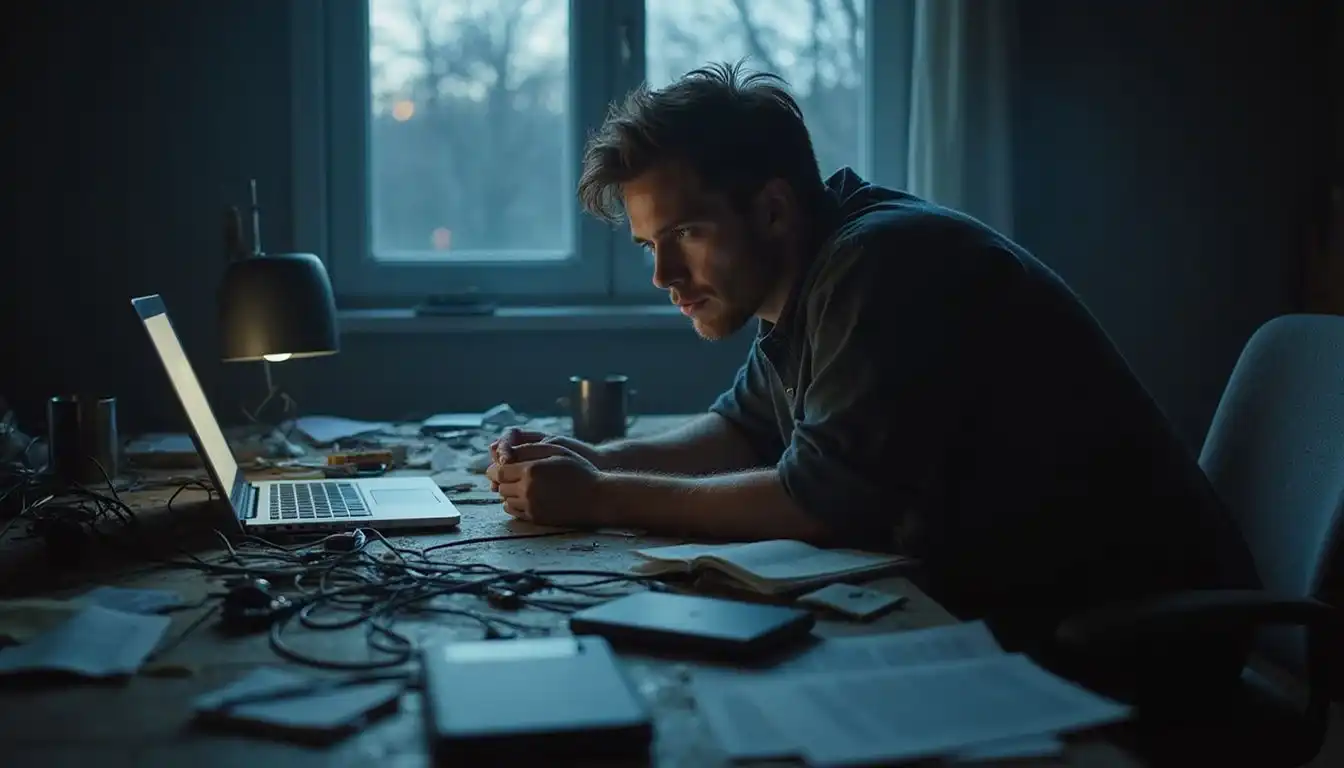 A focused individual battles chaos at a cluttered desk. A focused individual battles chaos at a cluttered desk.