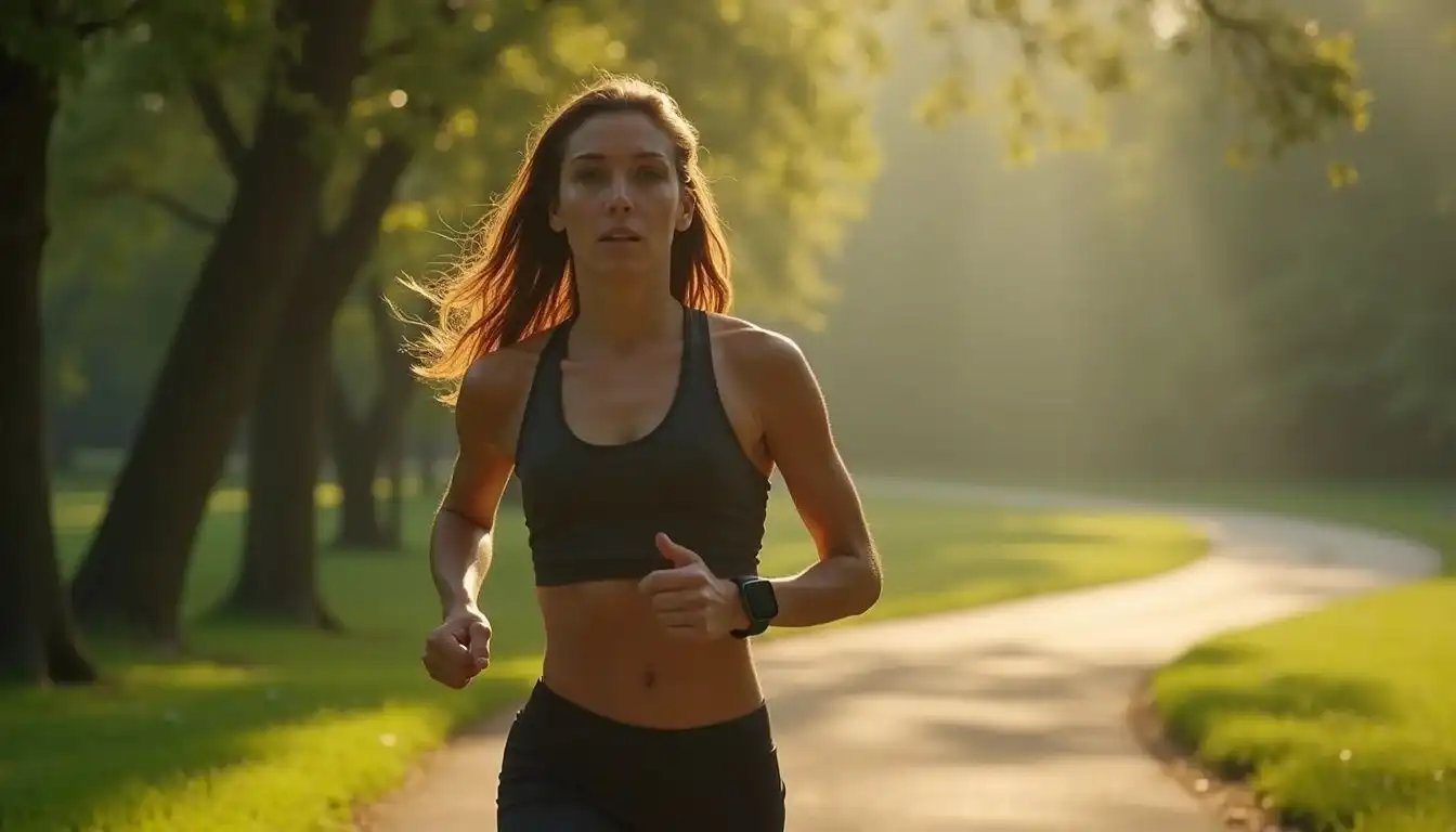 A determined woman jogs steadily through a lush, green park. A determined woman jogs steadily through a lush, green park.