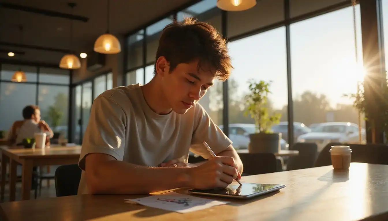 A focused young professional sketches and takes notes in a coffee shop. A focused young professional sketches and takes notes in a coffee shop.