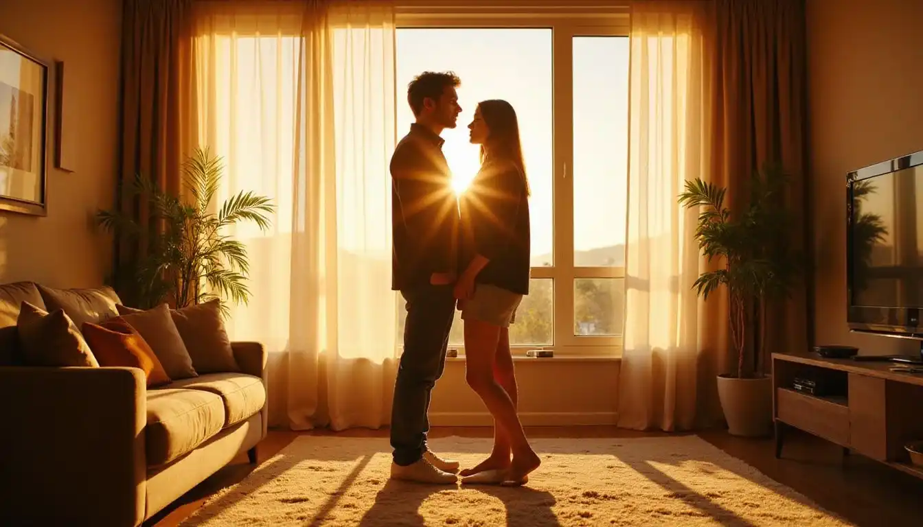 A couple enjoys a cozy moment in a stylish, modern living room. A couple enjoys a cozy moment in a stylish, modern living room.