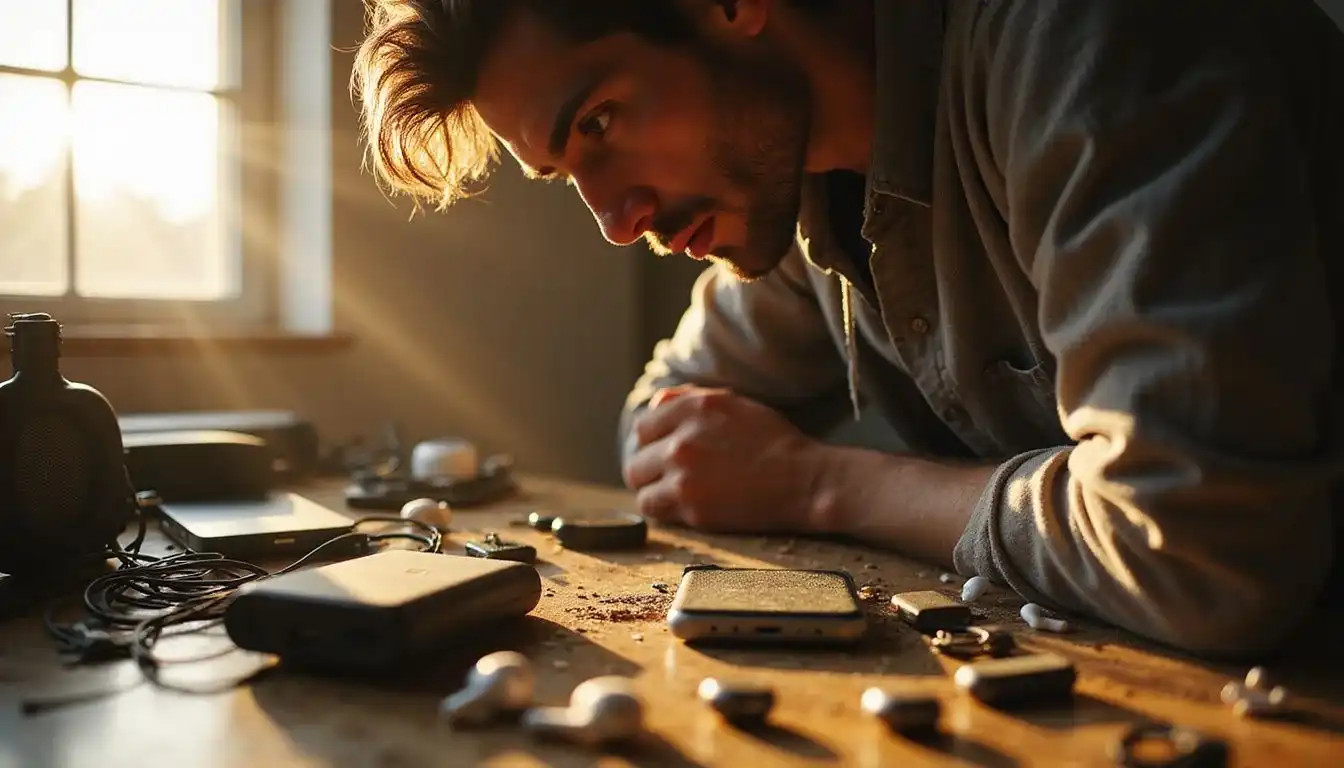 A person reflects amidst a chaotic workspace filled with tech accessories. A person reflects amidst a chaotic workspace filled with tech accessories.