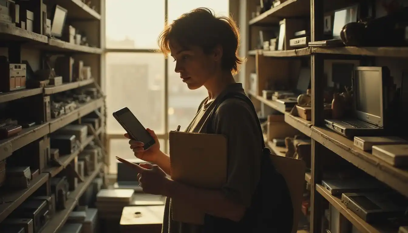 A focused individual navigates choices in a cluttered tech store. A focused individual navigates choices in a cluttered tech store.