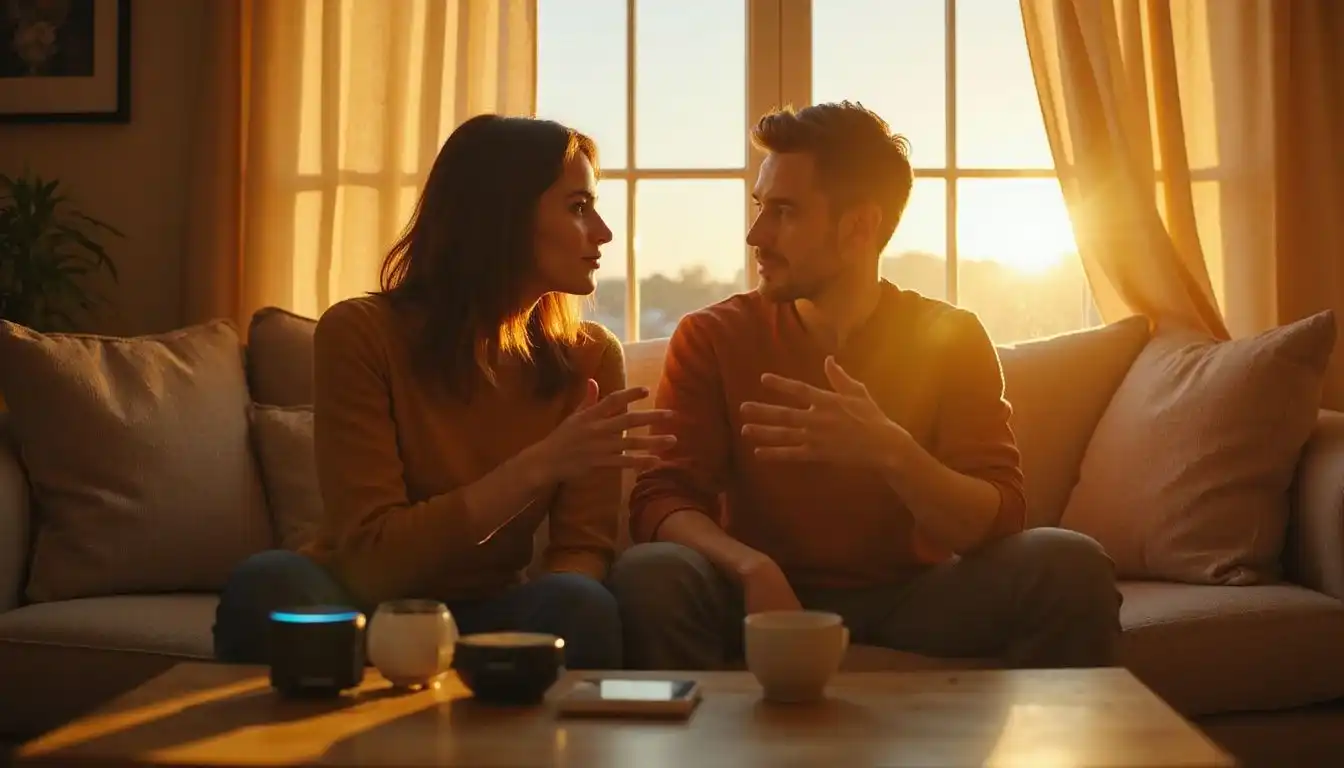 A couple engages passionately amidst modern smart home technology. A couple engages passionately amidst modern smart home technology.