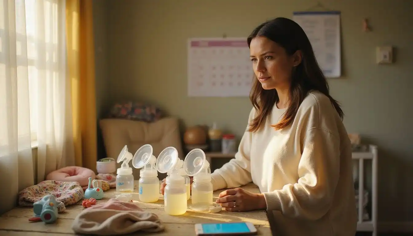 A focused mother contemplates her breastfeeding options in a cluttered nursery. A focused mother contemplates her breastfeeding options in a cluttered nursery.