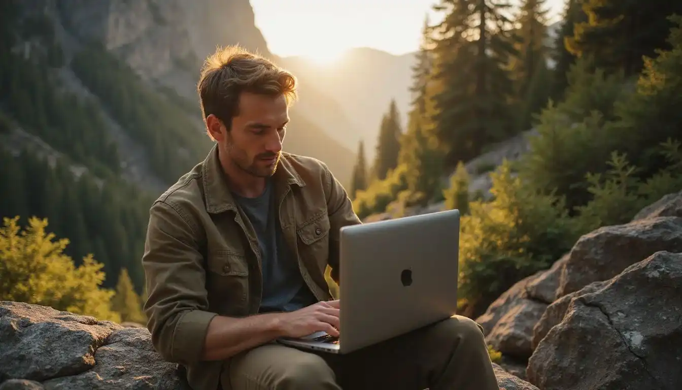 A determined man uses a rugged laptop in a wilderness setting. A determined man uses a rugged laptop in a wilderness setting.