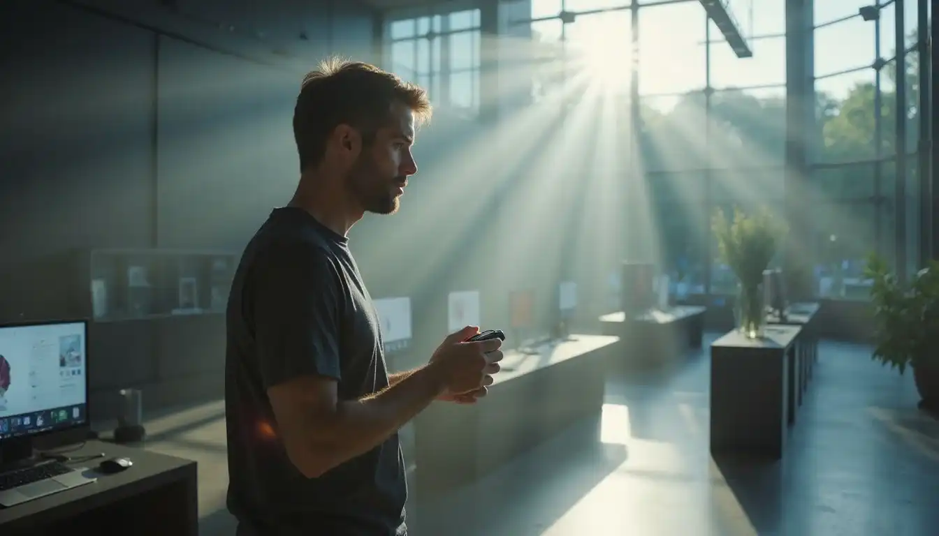 A man curiously examines a smartwatch's advanced features in a tech store. A man curiously examines a smartwatch's advanced features in a tech store.