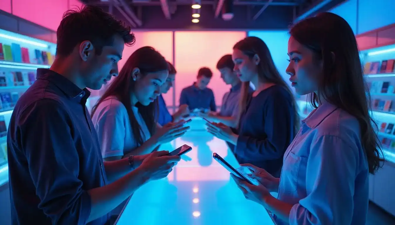 A diverse group of young professionals explores a cutting-edge tech store. A diverse group of young professionals explores a cutting-edge tech store.