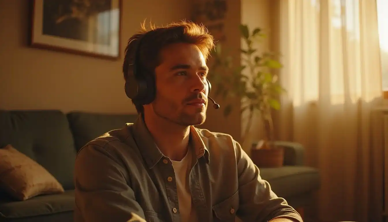 A man enjoys a peaceful moment of solitude while listening to music. A man enjoys a peaceful moment of solitude while listening to music.