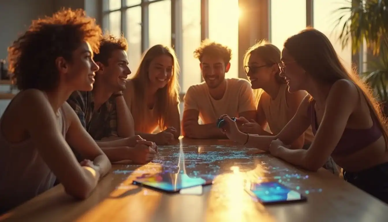 A group of friends explores innovative gadgets in a cozy loft. A group of friends explores innovative gadgets in a cozy loft.